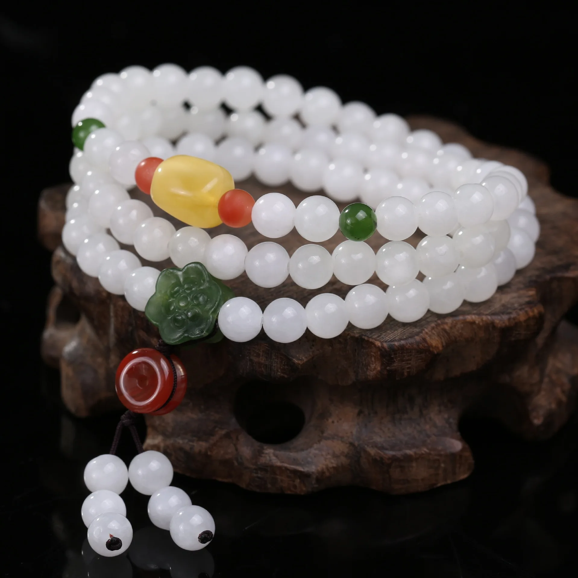 Natural Hetian White Jade Multilayer Bracelets for Women Girls Beeswax Chinese Knot Pendant Light Luxury Jewelry