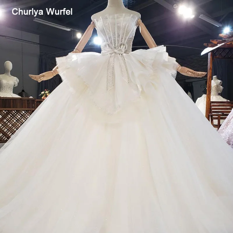 

HTL1801 Ball-Gown Beaded Crystal Luxury Tulled Appliques Wedding Dress 2020 Bow Strapless With Sleeveless