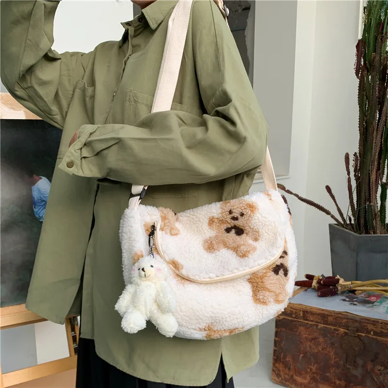 

Women Plush Crossbody Bag Cute Bear Designer Shoulder Bags Lamb Like Cloth Fabric Purse Soft Canvas Japan Style Handbag For Girl