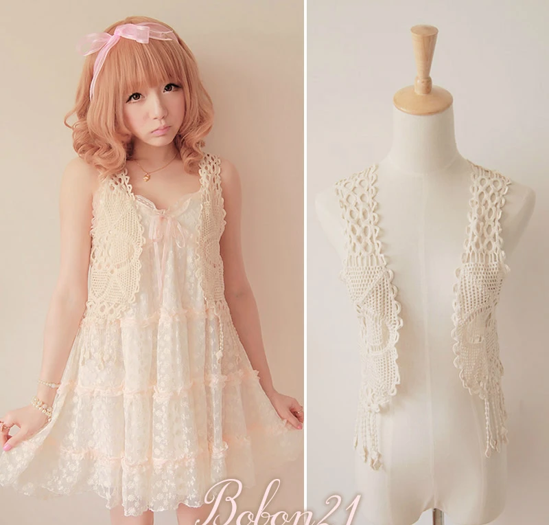 

Princess sweet lolita shirt Bobon21 emperorship 100% cotton handmade hook cutout flower tassel lace vest t0872