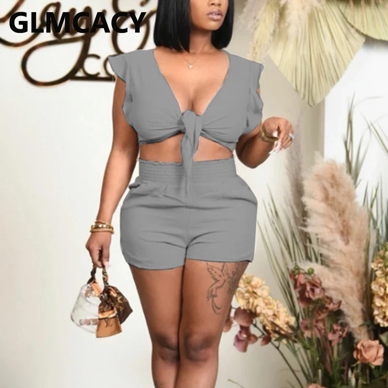 

Two Piece Casual Suits V Neck Tie Front Crop Top & Bodycon Shorts Set