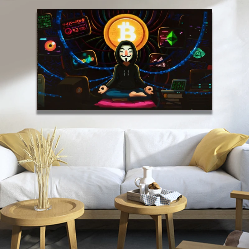 

Bitcoin Anonymous Meditation Canvas Painitngs on the Wall Art Posters and Prints Modern Pictures for Bedroom Home Decor Unframed