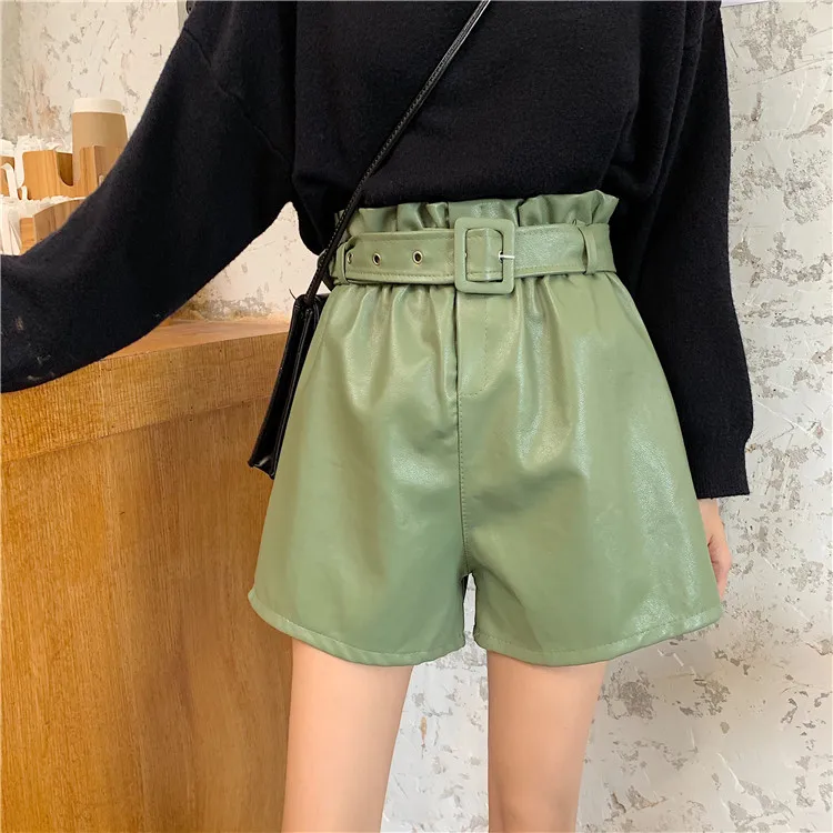 Boyfriend Womens High Waist Faux Leather Shorts Women Black White Green Short Hot Pants Mujer Femme Pu Straight Loose Bermuda