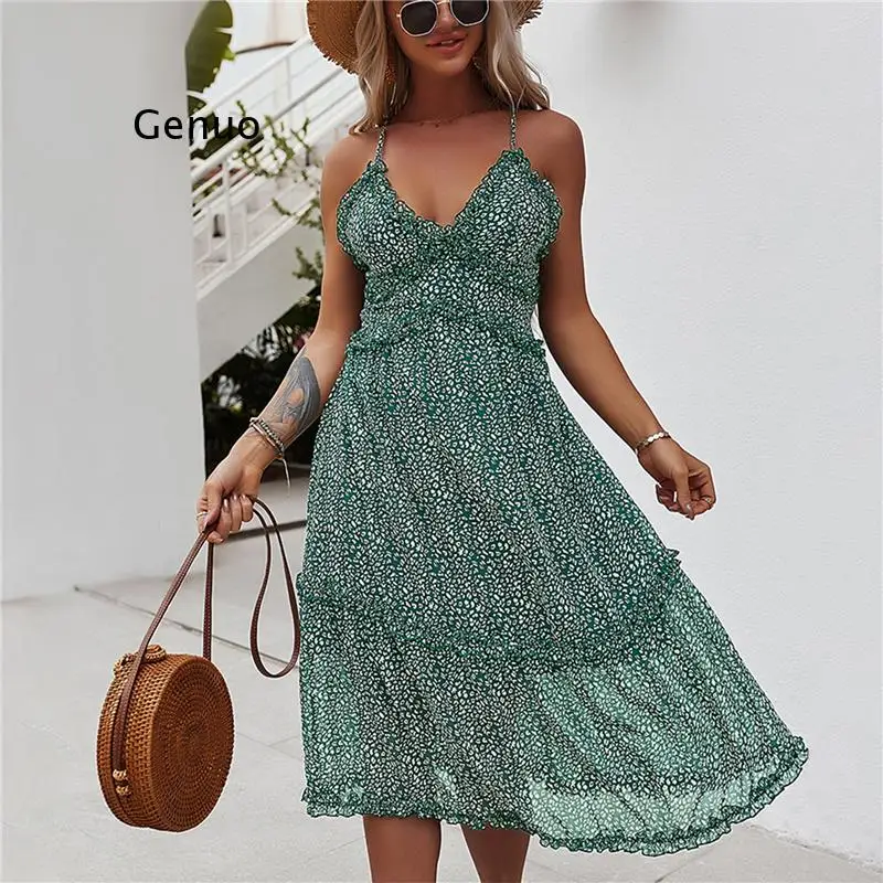 Female Dress Floral Print V-Neck Sleeveless One-Piece Spaghetti Strap Sundress for Summer Red/Black/Blue/Green | Женская одежда