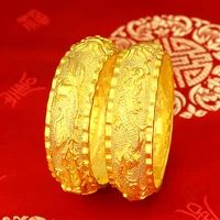 luxury 24k yellow gold plated bracelet for women vintage dragon phoenix wide gold bracelet bangle bride birthday wedding jewelry