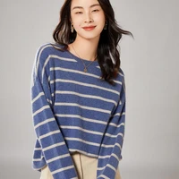 french stripes autumn and winter new round neck 100 pure wool womens korean fashion loose sea soul knitted sweater all match