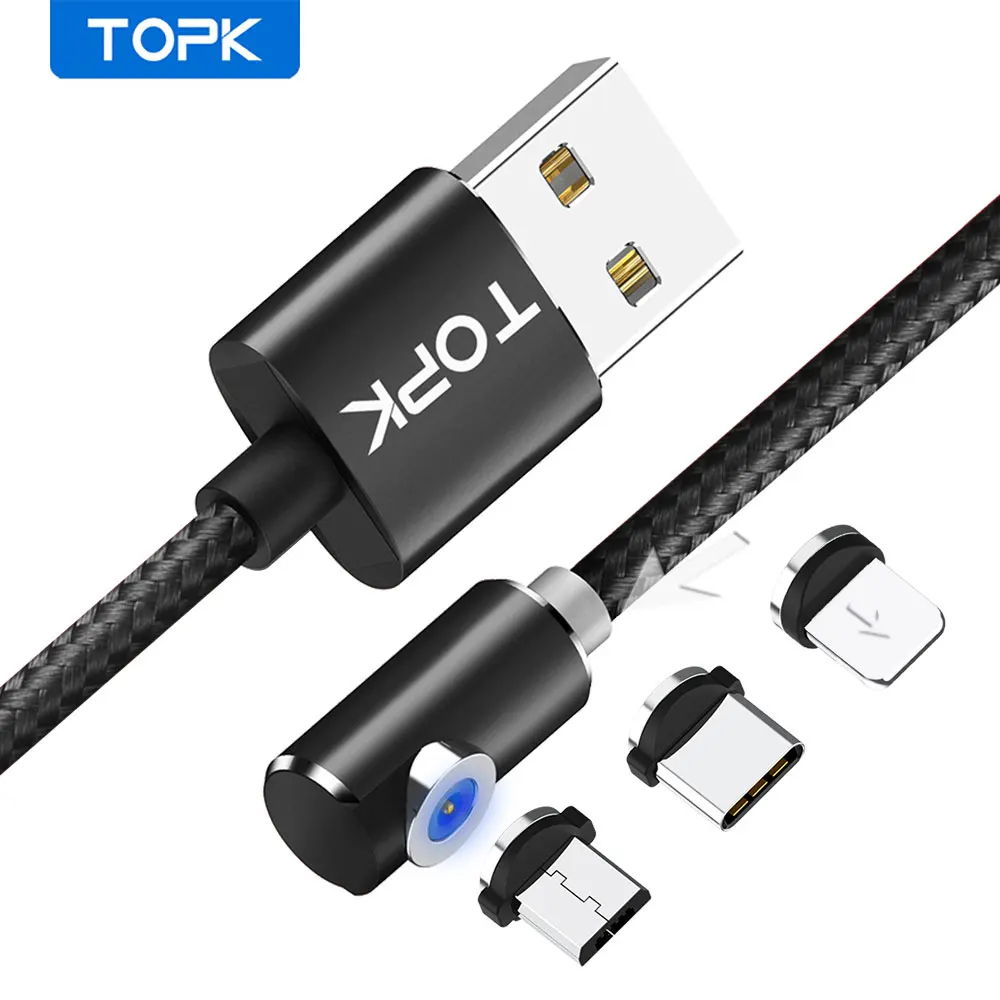 Магнитный usb кабель TOPK 1 м 90 градусов для Samsung Micro USB Type C Usb Xiaomi Redmi Note 7 Huawei|Кабели