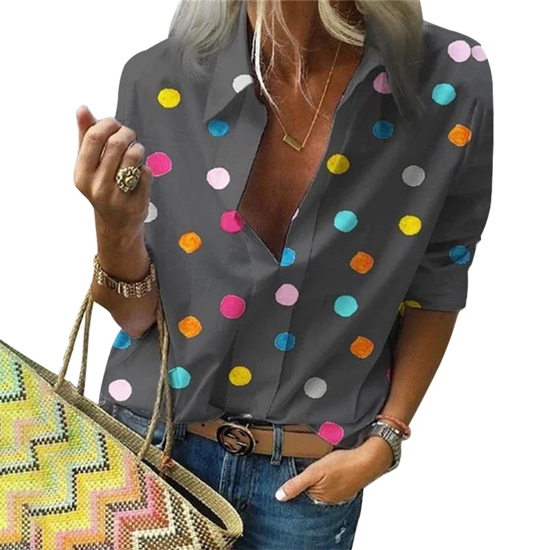 

2020 New Polka Dot Blouse Women Turn Down Collar Long Sleeve Shirts Plus Size Clothes Streetwear White Blouse Women Xxl