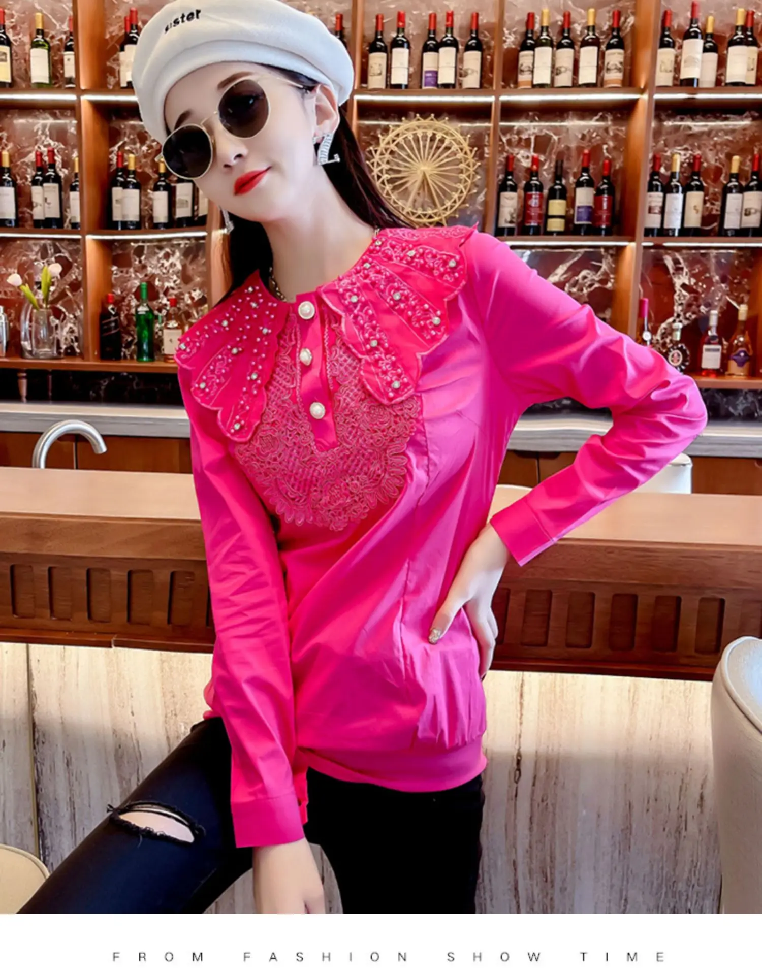

Bead Work Emboridery Shirts Women Peter Pan Collar Cotton Tops Woman Bead Work Shirts Tops