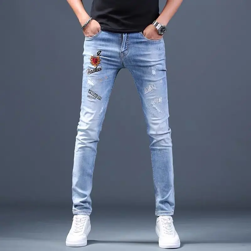 

Korea Version Men’s High Quality Lilght Blue Jeans,Stylish Slim Stretch Jeans,Light Luxury Print Jeans, Sexy Ripped Street Jeans