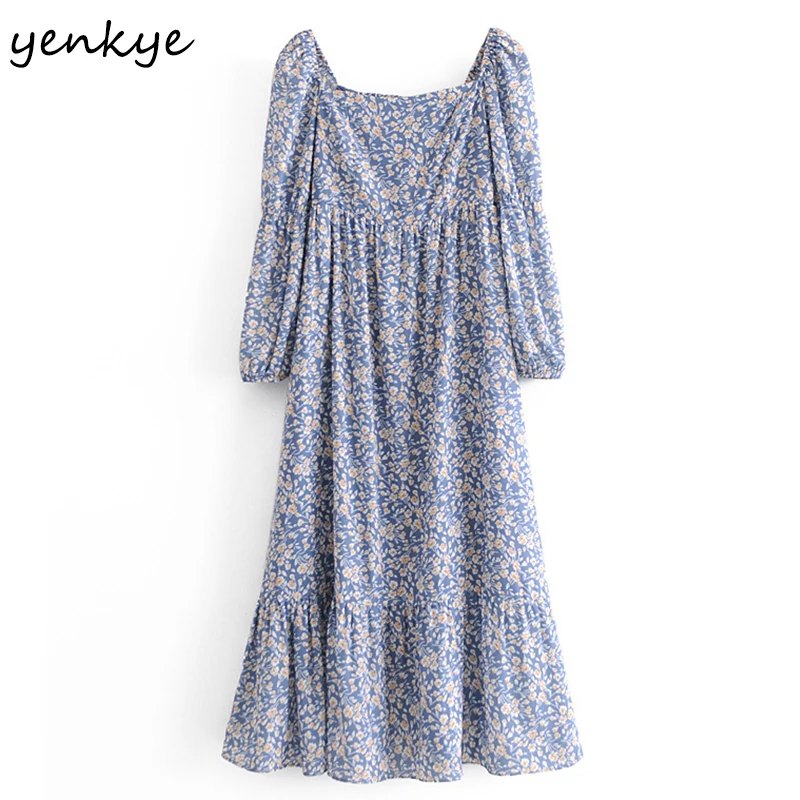 

YENKYE Vintage Prairie Chic Floral Print Dress Women Sexy Square Neck Long Sleeve A-line Elegant Long Dress Chiffon Robe