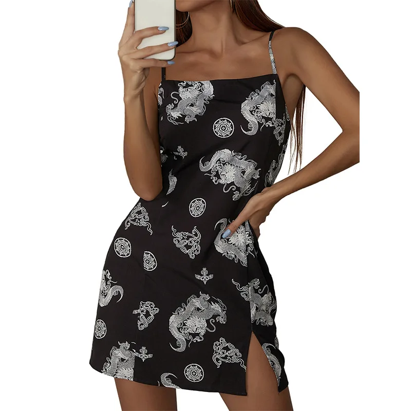 

2021 Summer Bodycon Printing Woman Dress Casual Hollow Out Sexy Sleeveless Sling Dress Fashion Y2K Female Beach Mini Dress Slim