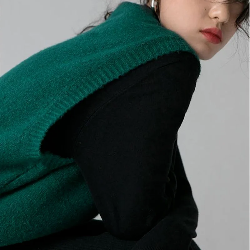 Sweaters Vest Women Korean Style Sleeveless Vintage Ins Knitting College All-match New Pure Lady Clothing Dark Green Basic Retro images - 6