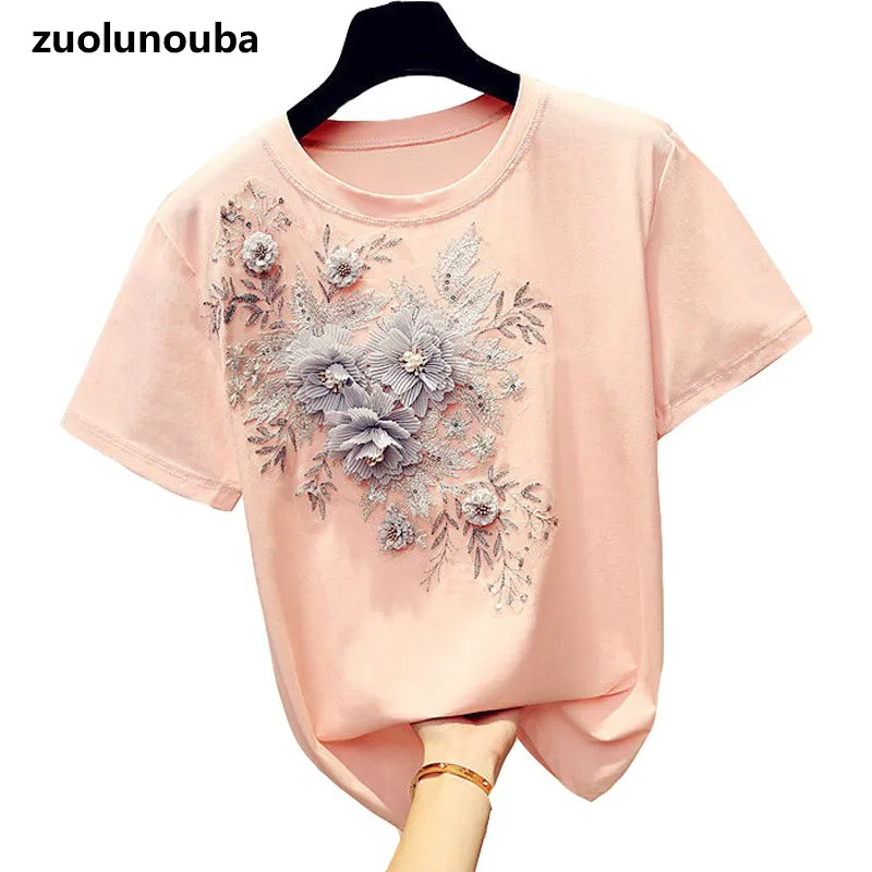 

Zuolunouba Summer New Three-dimensional Flowers Women T-shirts Are Thin Wild Fashion Commuting Korean Round Neck Loose Girl Tops