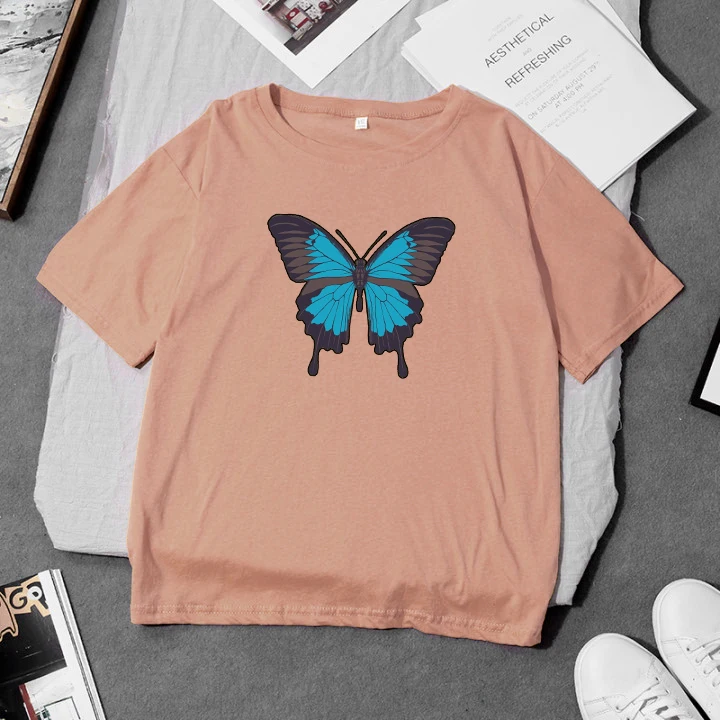 Женская трикотажная Базовая Однотонная футболка с принтом бабочки Повседневная