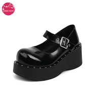 women wedges heel goth mary janes platform shoes round toe buckle ankle strap patent leather dress pumps comfort school cosplay