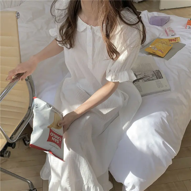 

Simple pure color baby collar cotton gauze sleeping skirt female summer short sleeve pajamas home clothes long skirt student