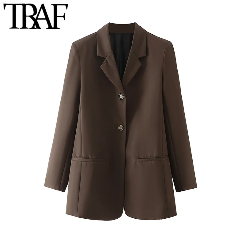 

TRAF Women Fashion Office Wear Single Breasted Blazer Coat Vintage Long Sleeve Welt Pockets Female Outerwear Chic Veste