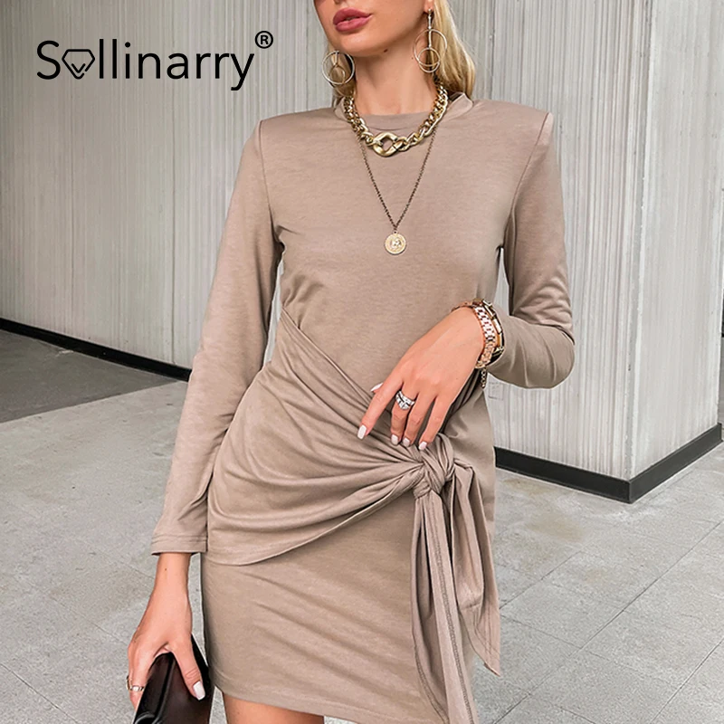 

Sollinary Fashion lace up dress women Casual long sleeves O-neck wraped mini dress High street office lady long tops 2021 Autumn