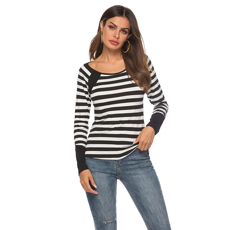 Весенняя женская тонкая футболка с круглым вырезом полосатая топы длинным