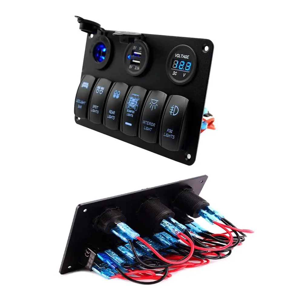 

6 Gang Rocker Switch Panel - 12/24V Dual USB Slot Socket Digital Voltmeter Voltage Display For Marine Car Vehicles RV Yacht