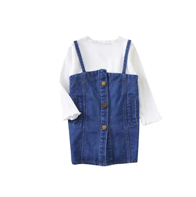 Мягкая дышащая белая кружевная рубашка для девочек + джинсовая юбка с ремешком