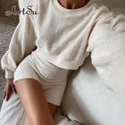 Artsuосенний комплект из двух предметов, однотонный флисовый свитер с круглым вырезом + шорты для женщин, повседневная верхняя одежда