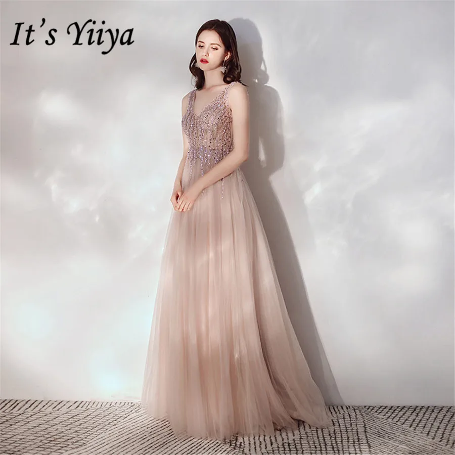 

It's Yiiya Evening Dress Elegant Crystal Tassel Handmade Formal Dresses For Women E1357 Plus Size V-neck Sling robe de soiree
