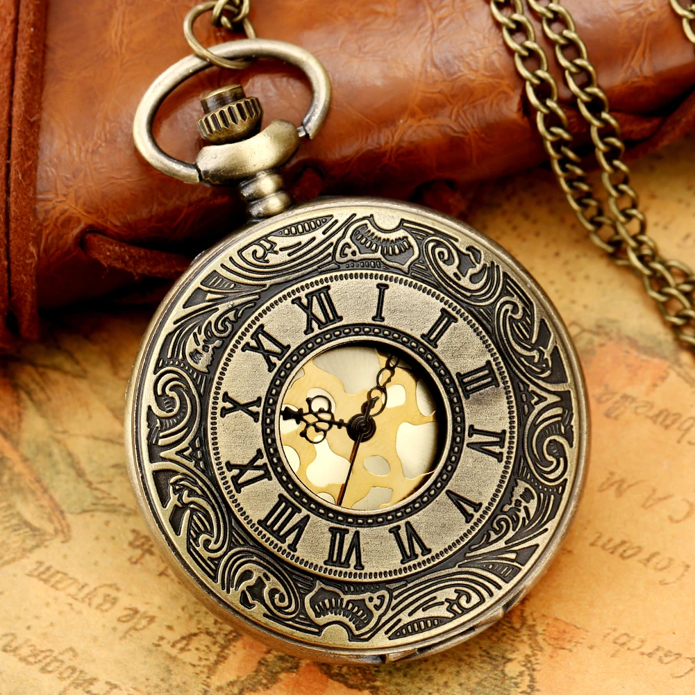 

Vintage Bronze Roman Number Hollow Quartz Pocket Watch Unique Golden Pendant Clock Necklace Chain Top Gift for Men Women Friends