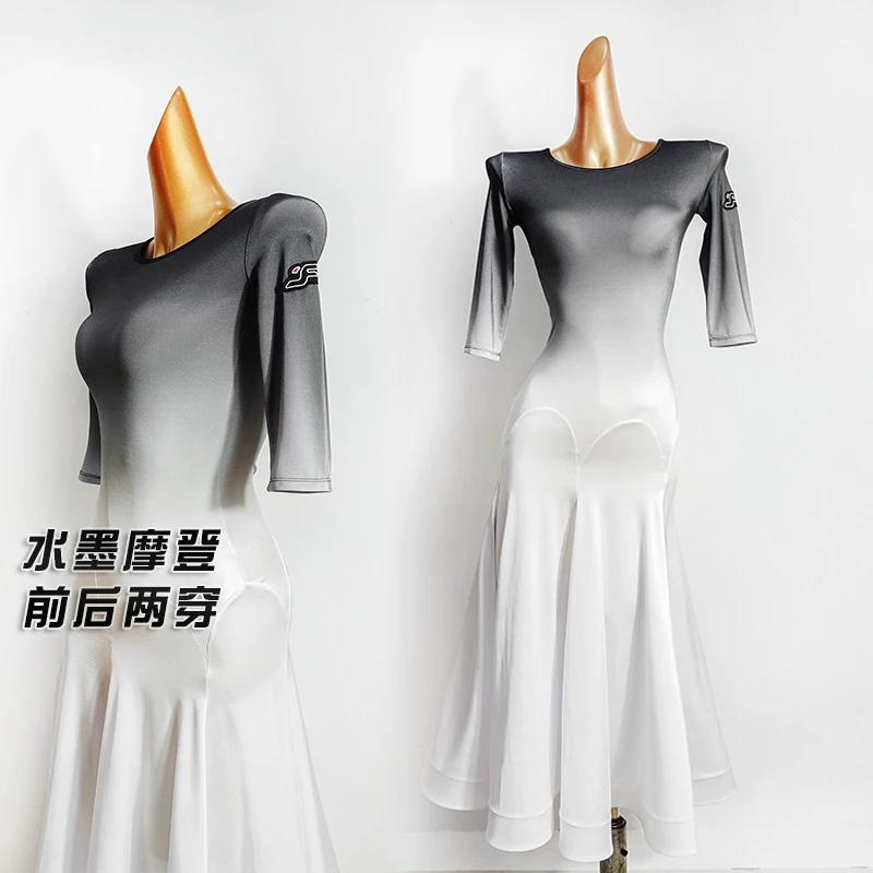 

Modern Ballroom Dance Dress Lady Wash Gradient Color Short Sleeves Ballroom Long Dress Waltz Tango Dancing Clothes Wear VDB2960