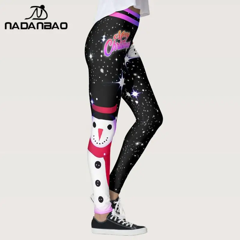 

NADANBAO 2021 New Merry Christmas SnowMan Leggings Woman Mid Waist Santa Claus Casual Pants For Fitness Stretch Tight Yoga Legin