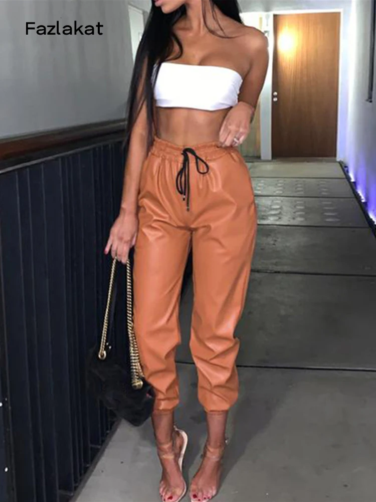 

Винтажные джоггеры из искусственной кожи на шнуровке, женские брюки-султанки, однотонные облегающие длинные брюки с высокой талией, элеган...