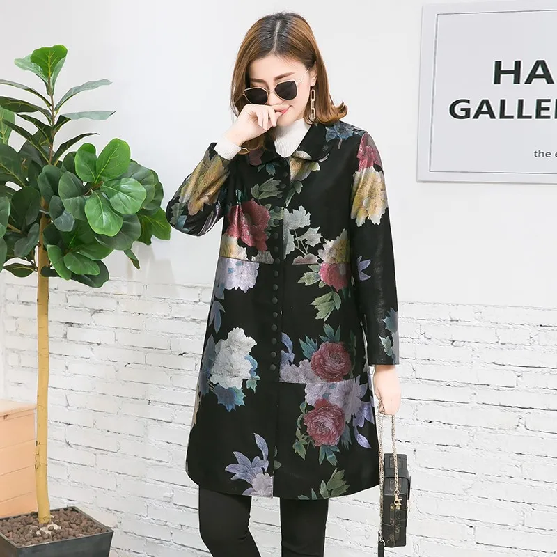 

Streetwear Genuine Women Leather Sheepskin Coats Vintage Printed Windbreakers Autumn 2021 Slim Fit Elegant Overcoat Plus Size