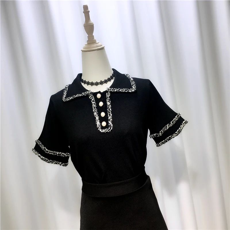 

Short-Sleeve T-shirt Top Tees Female 2020 New Arrival Summer Basic T-shirts Color Block Turn Collar Slim Ladies Cotton Tshirts