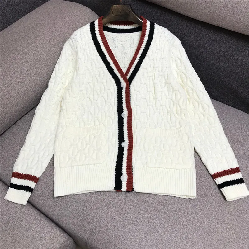 

Роскошный брендовый дизайнерский вязаный свитер для женщин винтажный Свободный кардиган в полоску контрастных цветов с V-образным вырезом