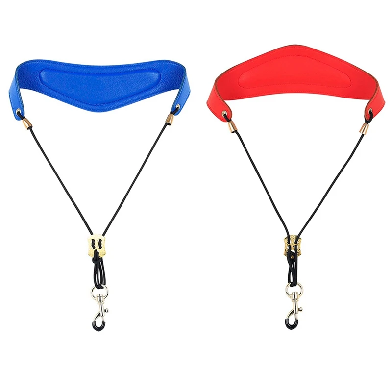 

2 Pcs Universal Adjustable Soft Leather Saxophone Sax Neck Strap with Hose Hook Clasp Saxophone Parts Red & Blue