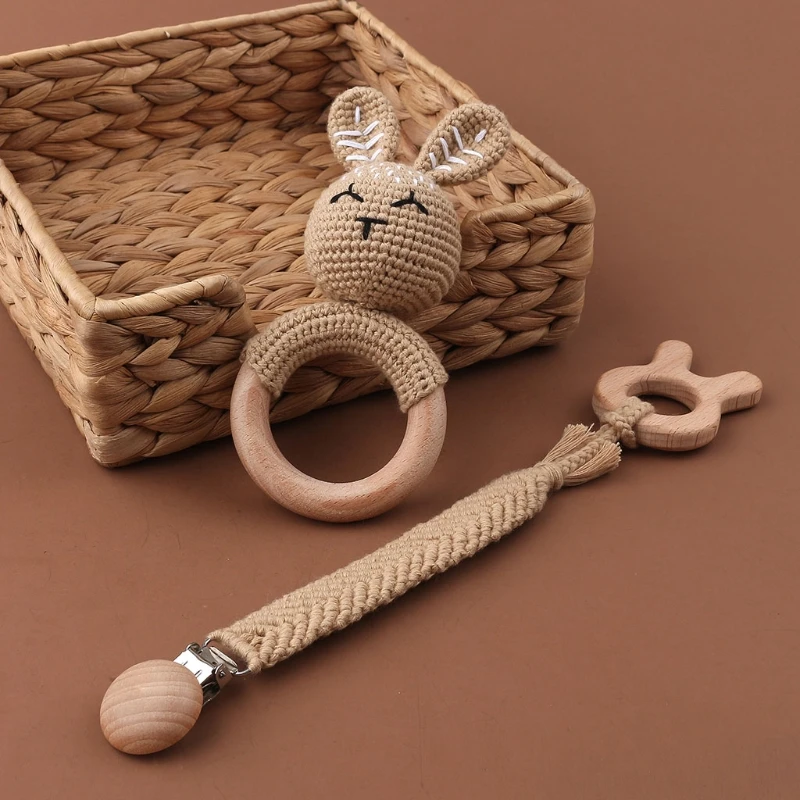 

3pcs Crochet Bunny Rattle Toy BPA Free Wood Ring Baby Teether Rodent Baby Gym Mobile Rattles Newborn Pacifier Chain Lovely