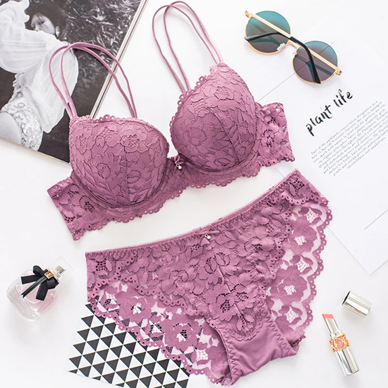 

Women Lace Floral Lingerie Set Push Up Bra Women Comfort Adjusted Bra And Panty Set Sexy Backless Wireless Underwear Set