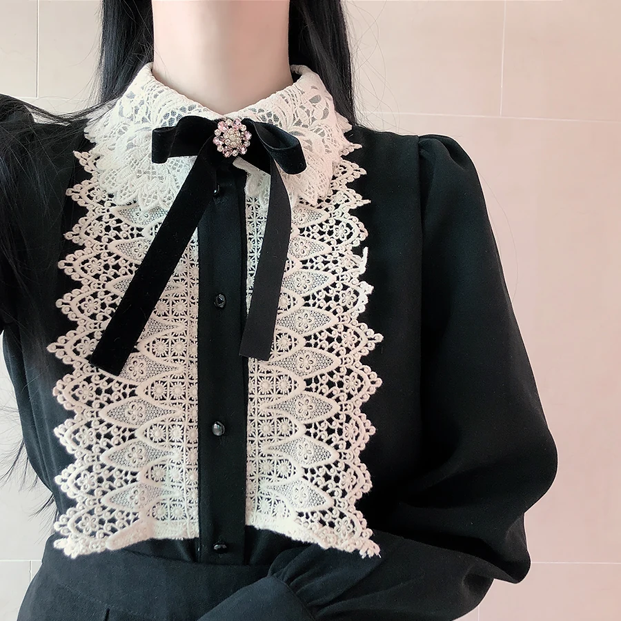 

2023 Autumn New Women Shirts Turndown Collar Puff Sleeve Hook Lace Cute Bowtie Long Sleeve Blouse Chemise Blusa Mujer