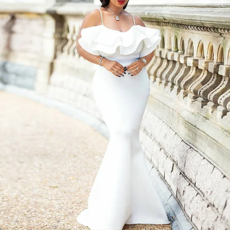 Женское вечернее платье русалка длинное белое с оборками реальное фото размера