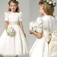 vintage ivory satin flower girl dress for wedding jewel neck bubble short sleeves little girls wedding party dress birthday gown