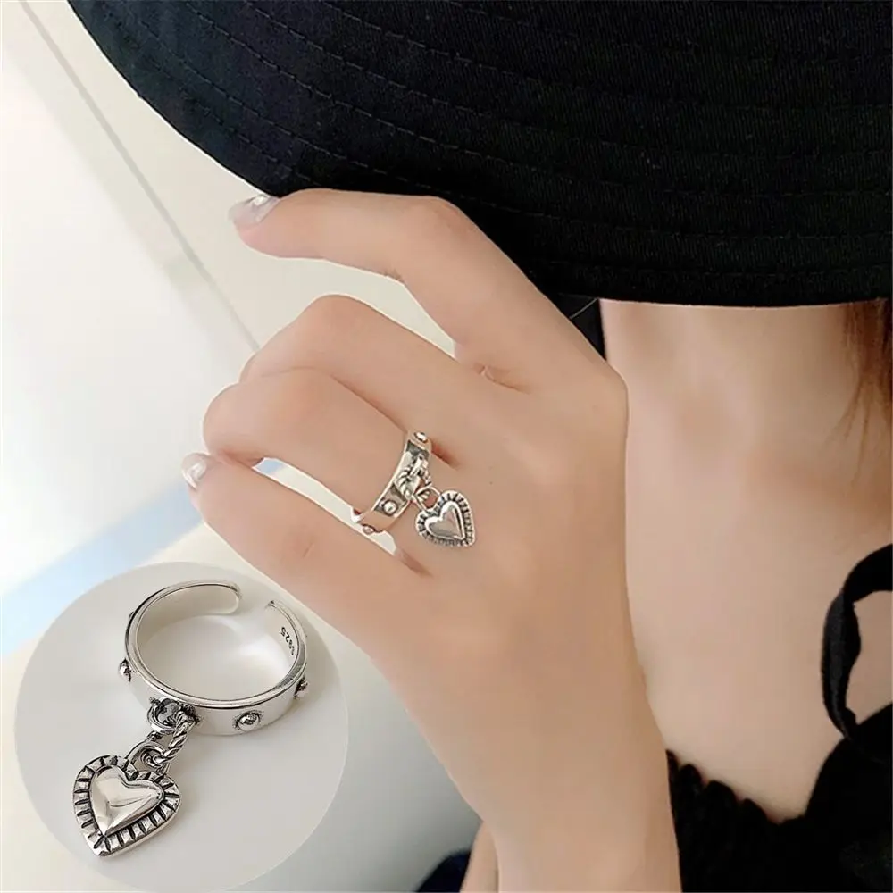 

Gift Silver Hip Hop Daily Wear Vintage Ring Adjustable Size Heart shape Tassel