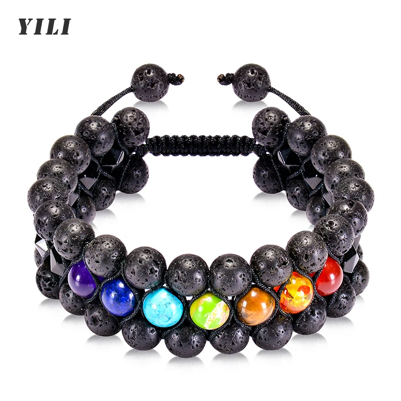 

Браслет из натурального камня, чакра, 8 мм, лавовый камень, тигровый глаз, браслет из камня, Регулируемый диффузор эфирного масла, 3-слойные бр...