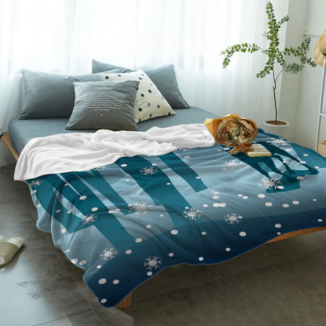 Лось Снежинка лес силуэт синее рождественское покрывало Забавный принт мягкий