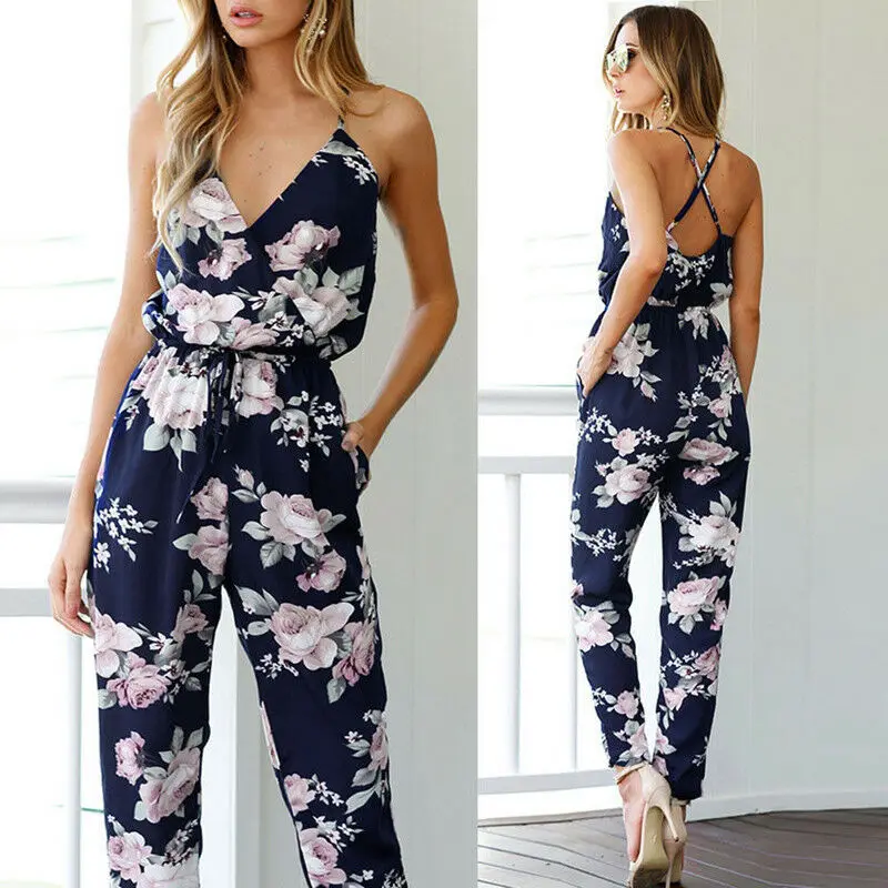 

Summer Women Ladies Sexy Sleeveless Deep V-Neck Eveneing Party Jumpsuit Romper Long Trousers Pants Holiday Wear