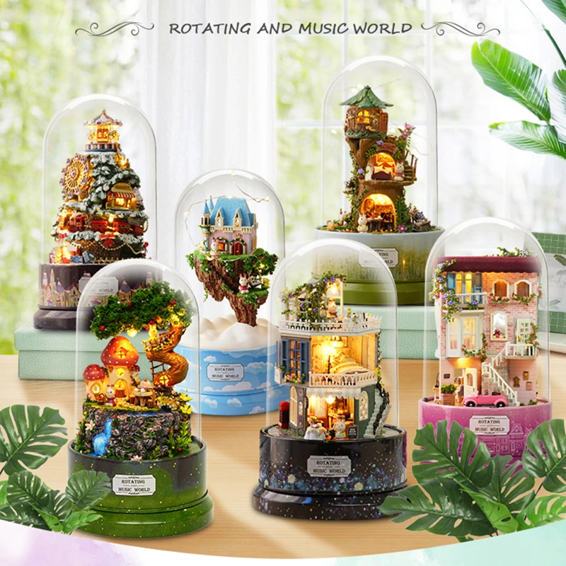 

Rotate Music Dollhouse DIY Doll House Dust Cover Christmas Tree Rotating Sculpture Train Decorations Christmas Decorations Gifts