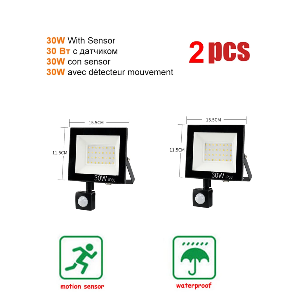 

2 pcs 220V 10-100W LED FloodLight Spotlight Exterior Street wall reflector LED Light PIR Motion Sensor IP65 Waterproof Pathway G