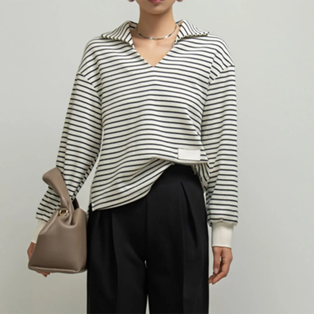 

Женская толстовка в полоску, пуловер с V-образным вырезом и длинным рукавом, новинка 2021, Осень-зима, корейская мода, темпераментная простота, ...