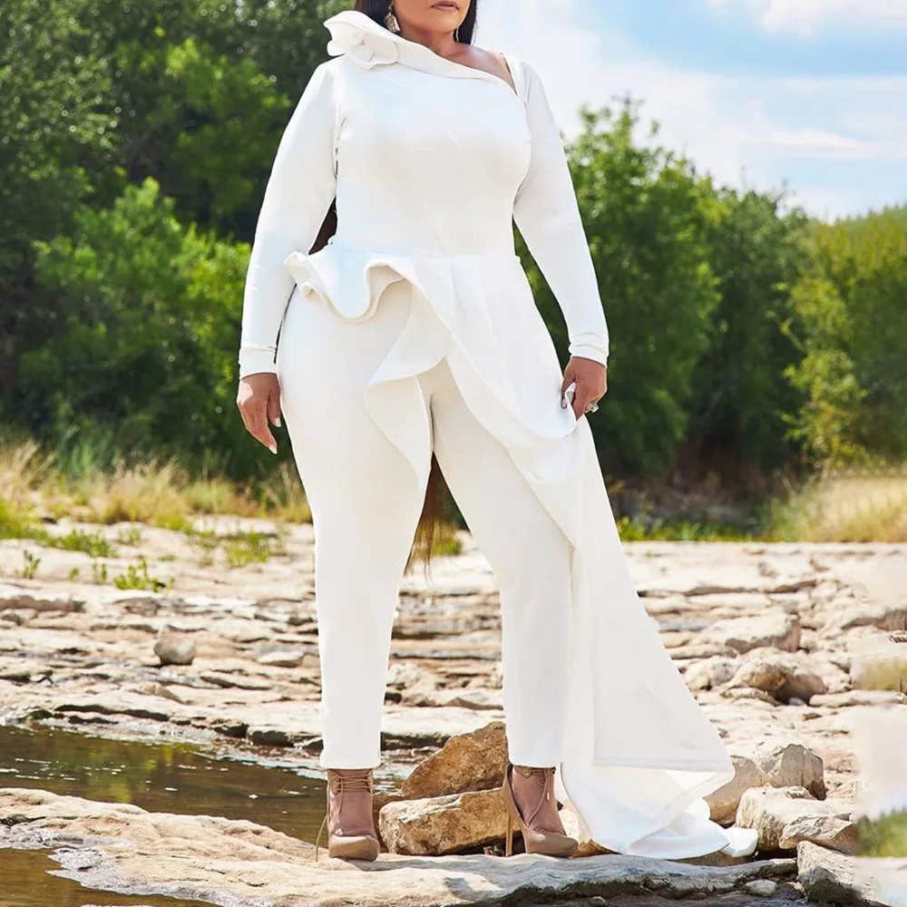 

Комбинезоны однотонные белые Полная длина с завышенной талией женские блестящие комбинезоны с длинным рукавом Комбинезоны с оборками для ...