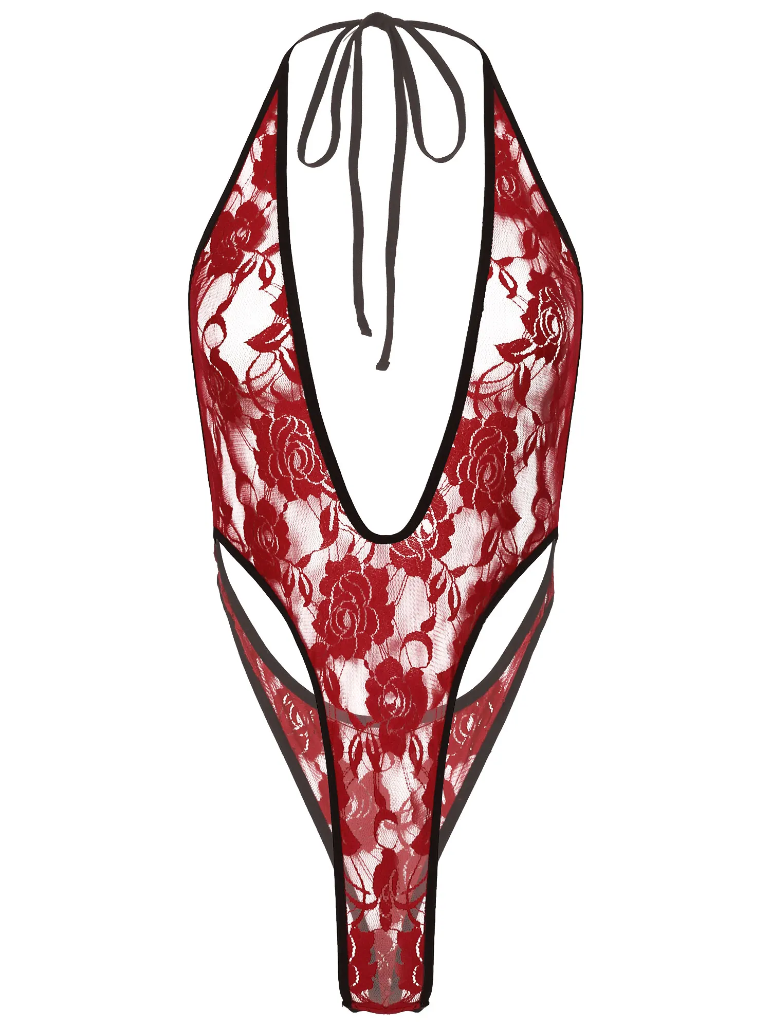 

Womens Halter Teddies Bodycon Lace-up V Neck Monokini See-through Lace Exotic Lingerie Backless Sleeveless Swimsuit Catsuit